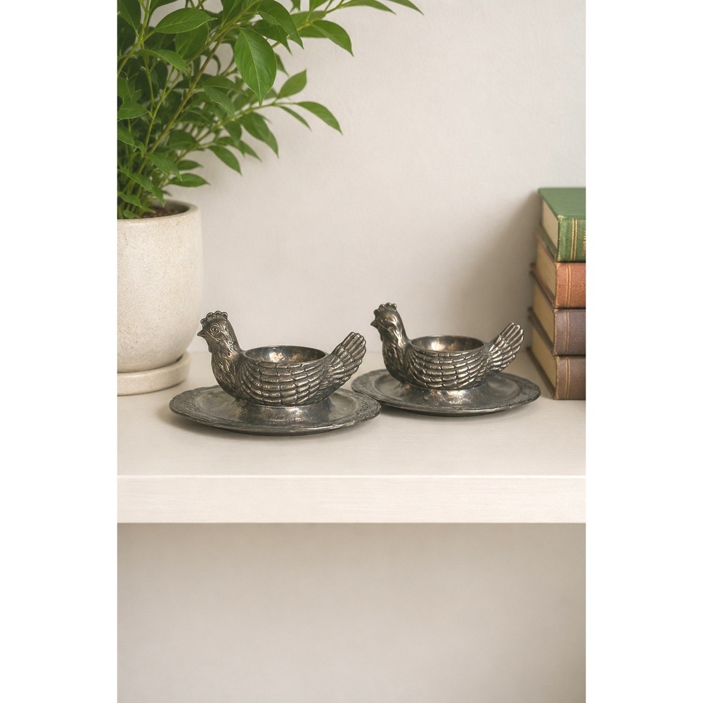 Vintage Silver Plate Chicken Egg Holders Set of 2 Hen Table Farmhouse Cottage